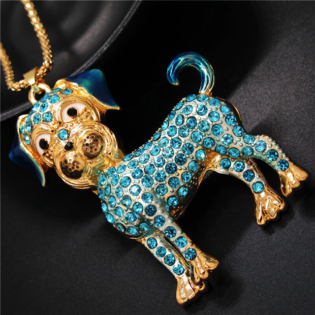 New Fashion Women Blue Rhinestone Cute Dog Crystal Pendant Chain Necklace 3