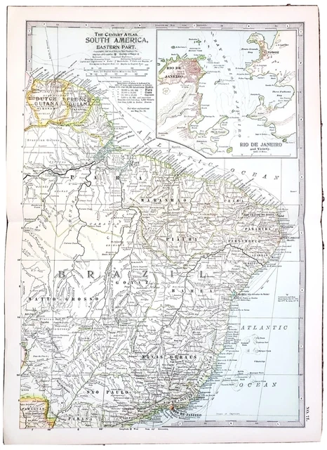 1906 South America Map Brazil French Guiana Dutch Guiana Routes ORIGINAL