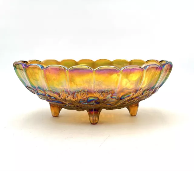 Indiana Iridescent Carnival Glass Centerpiece Bowl Harvest Grape Amber Footed