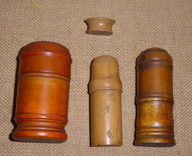 Lot of 4 Antique Wood Treen 2 pc Containers Needle Barrels Lg to Sm