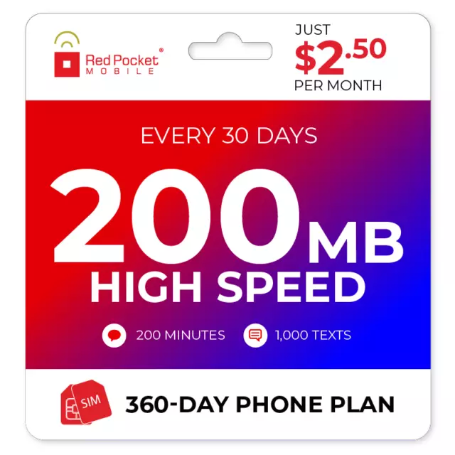 2.50/MO RED POCKET Prepaid Plan 200 Talk 1000 Text 200MB 30.00