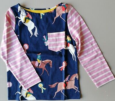 New Ex MINI BODEN GIRLS 11-12yrs Horse pattern with pink Striped sleeves TShirt