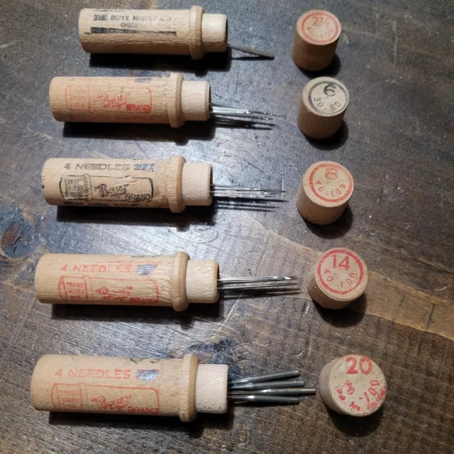 Vintage Boye Sewing Machine Needles in Wooden Tubes #'s 2-1/2, 6, 8, 14, 20