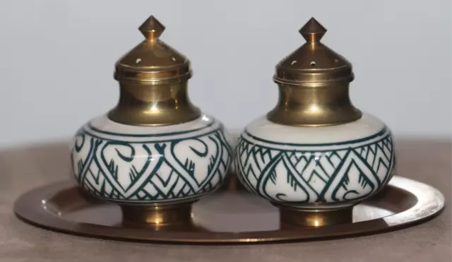 Preloved Ceramic and Brass Salt and Pepper Shakers on a Tray