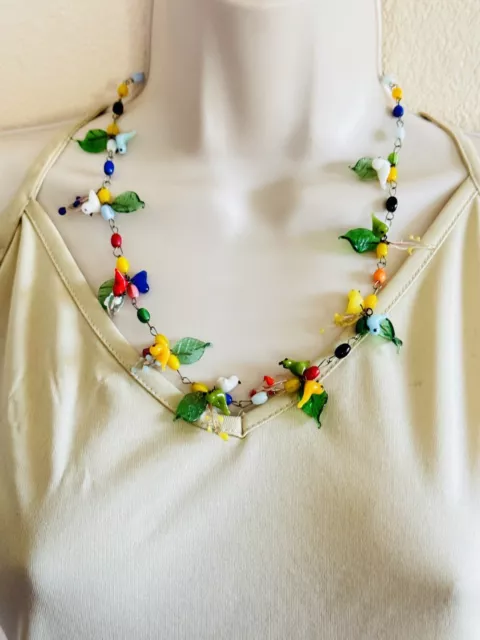 VTG Venetian Murano glass wired Necklace Art Deco Italy Colorful Love Birds Rare