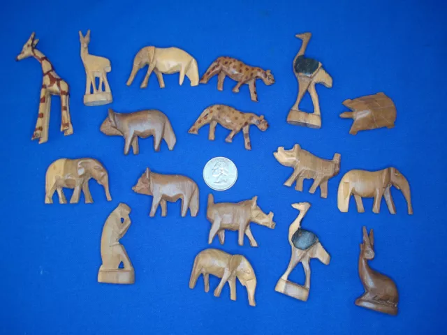 Wooden Hand Carved Jungle Animal Figurines Lot Of 17 Safari Wild Wood Figures