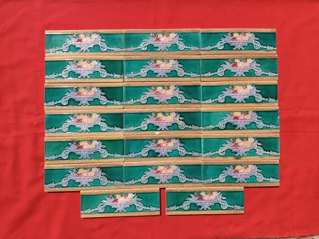 20 Pieces Lot Art Deco Floral Design Embossed Majolica Ceramic Tiles Japan 0301 2
