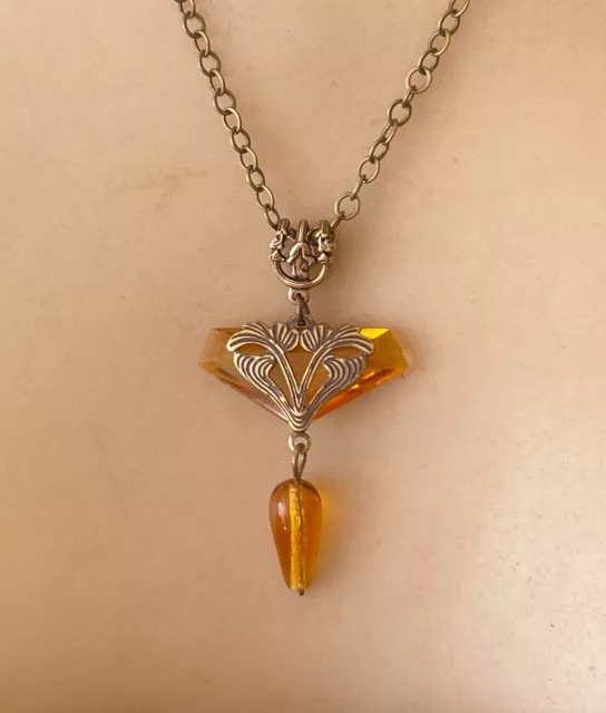 Vintage Necklace Delicate Art Nouveau Brass Pendant Antique Amber Czech Glass