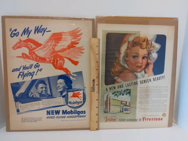 Set of 1940s Vintage Automobile Ads Mobil Mobilgas Firestone Tinted Screening