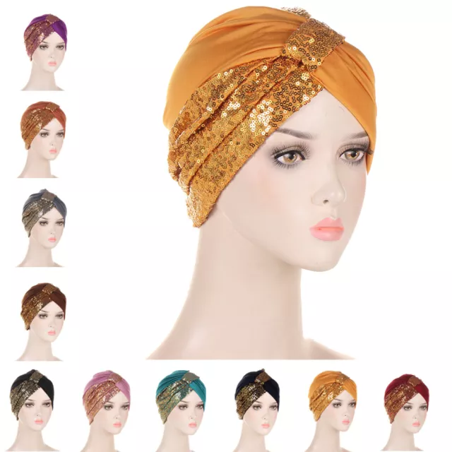 Fashion Women Sequins Hijab Hat Turban Hair Loss Bonnet Chemo Cap Headscarf Wrap