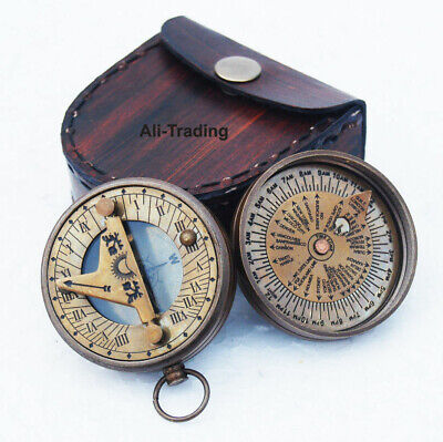 Antique Brass dollond London Vintage Pocket Sundial Compass W/ Case