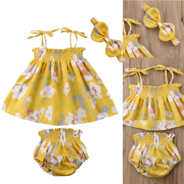 3PCS Newborn Baby Girl Floral Ruffle Romper Dress Headband Shorts Outfit Clothes