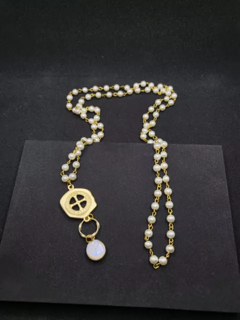 Saint Benedict Medal Necklace Coin Pearl Gold Tone Long Protection San Benito