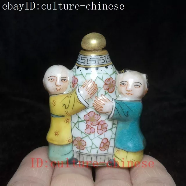 signed Chinese Famille rose Porcelain painting Two Boy statue old Snuff Bottle