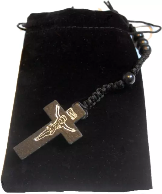 Black Wood Corded Rosary Beads Necklace Cross & Velvet Gift Pouch 3