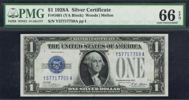 $1 1928A  Silver Certificate. Fr. 1601. YA Block. PMG 66 EPQ. Fancy SN Note