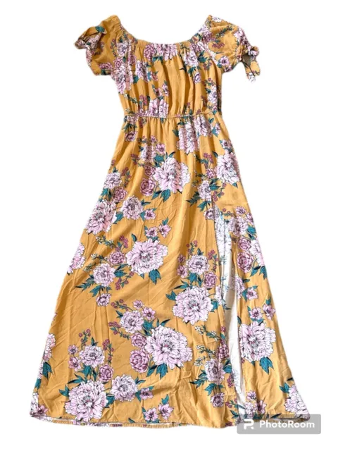 Band of Gypsies Off Shoulder Maxi Dress with Tie Sleeves in Yellow Floral Print