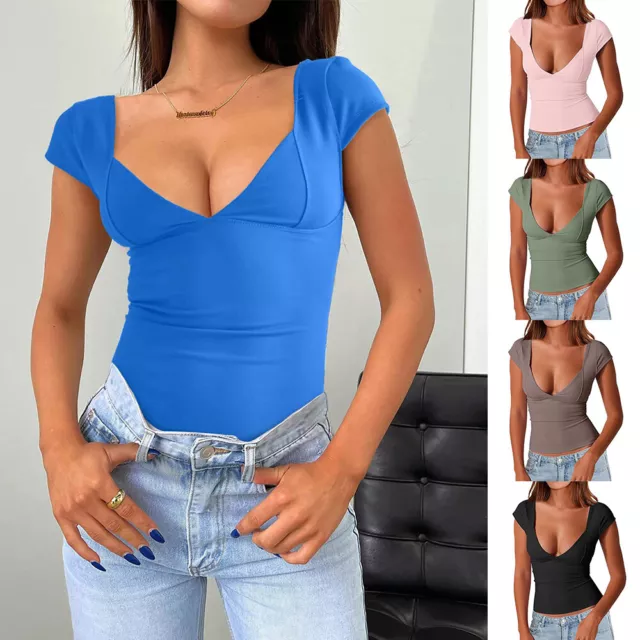 Women Summer Blouse V Neck Slim Fit Crop Tops Tee Short Sleeve T-Shirt Fashion