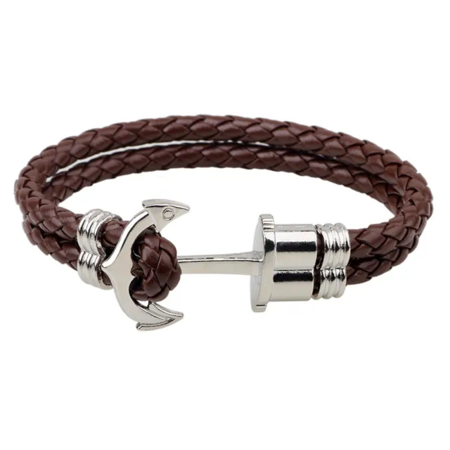 Men's Anchor Black or Coffee Color Braided Leather Wrap Bracelet