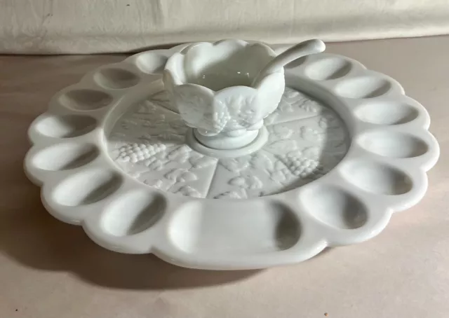 Westmoreland Milk Glass Paneled Grape 13" Egg Tray With Fruit Cocktail And Ladle
