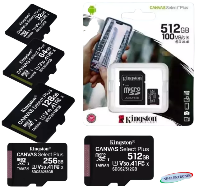 Micro SD Karte SPEICHERKARTE für Handy 32, 64, 128, 256, 512 GB Kingston 100MB/s