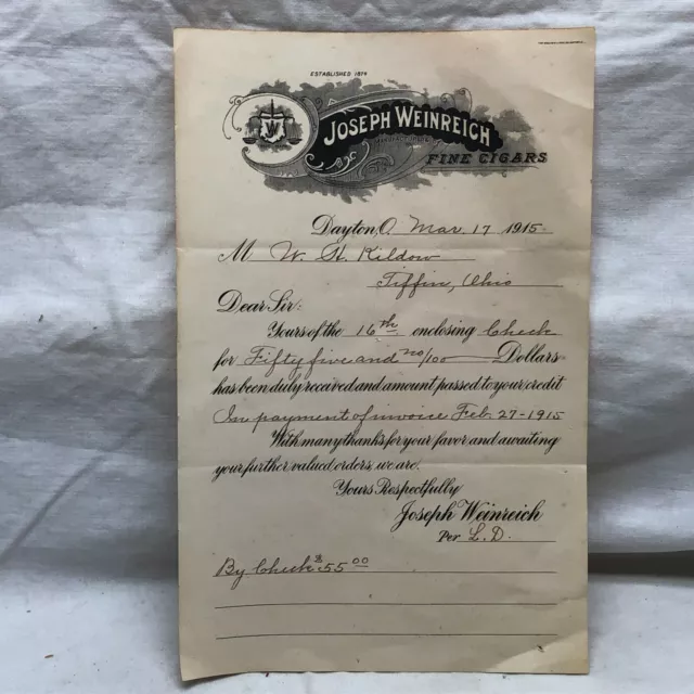 Vintage 1915 Joseph Weinreich Fine Cigars Receipt Letter Head 9