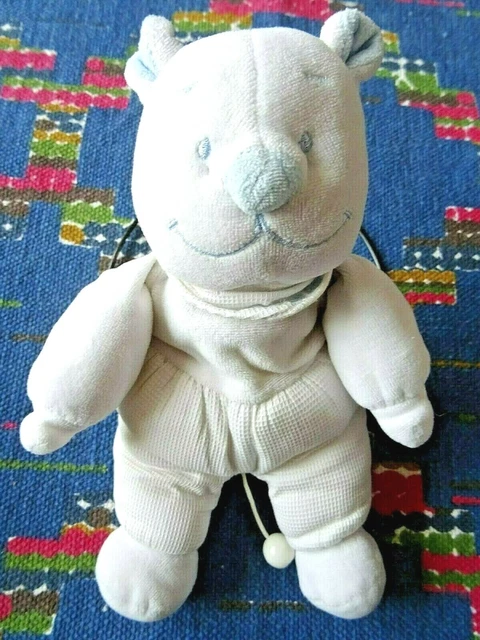 Db/  Doudou Peluche Ancien Musical Ours Tonton Dpam Blanc Bleu Bandana 25 Cm Tbe