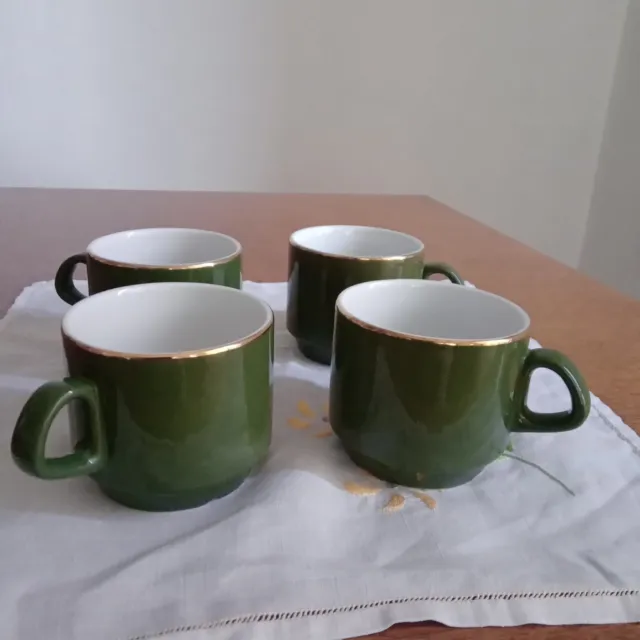 4 Tasses À Café /Chocolat Vertes Liseret Doré Véritable Porcelaine Empilables