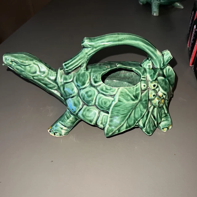 VINTAGE MCCOY POTTERY Green Turtle Watering PitcherPlanter. HAS UNIQUE