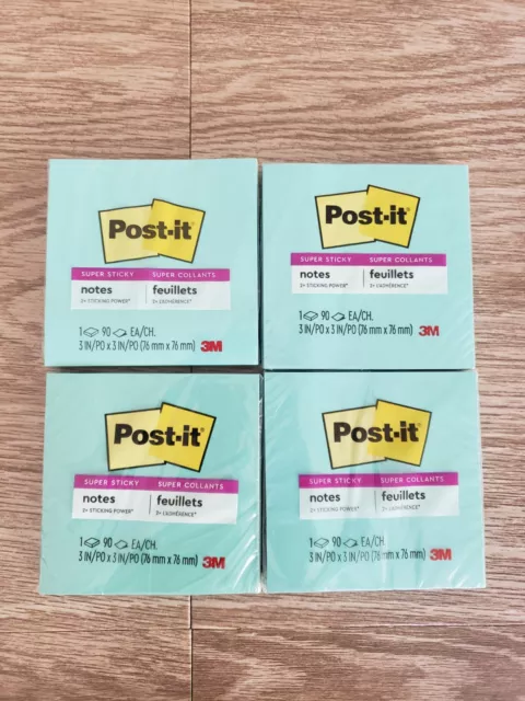 Lot of 4 Post-it Super Sticky Notes 3" x 3" (90 per pack) In Aqua Blue
