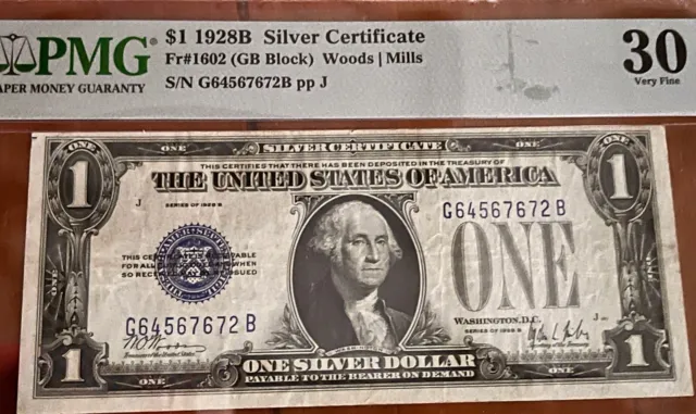 Fr.1602 1928B $1 Silver Certificate Blue Seal, "FUNNYBACK" PMG 30 EPQ