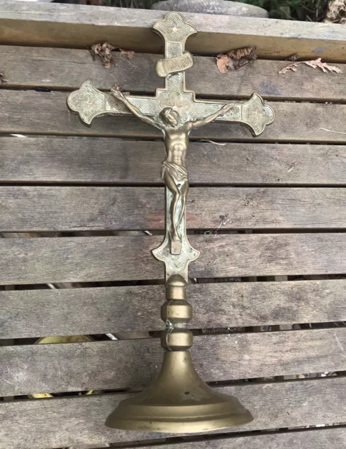 Antique French Crucifix cross christ Free Standing Brass 12” 1800s Altar Gold