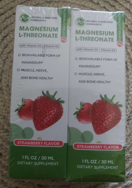 Magnesium L-Threonate/Vitamin D3&K2/Strawberry Flavor/1 Fl. Oz./2pack/ Exp 08/25