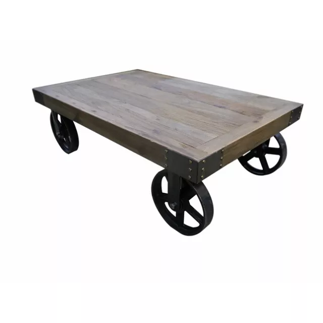 New Coffee Table Rustic Industrial Wooden Top Metal Wheels 1100mm Wide