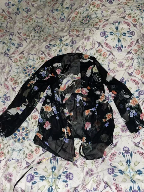 New Look Floral Chiffon Tie Up Blouse, Flower And Bird Kimono, Size 8