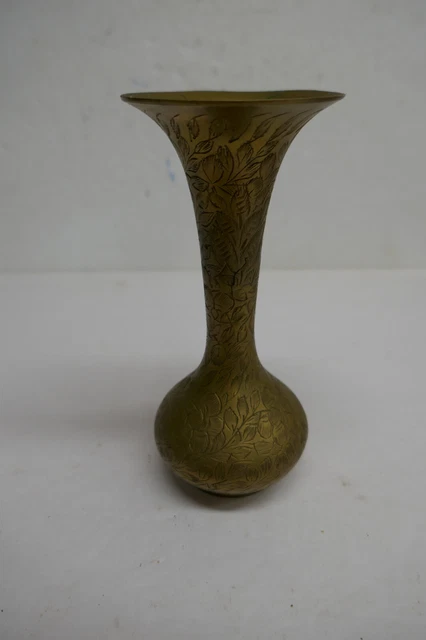 Vintage Floral Engraved   Brass Footed Bud Vase  Made in India 6 inches Tall