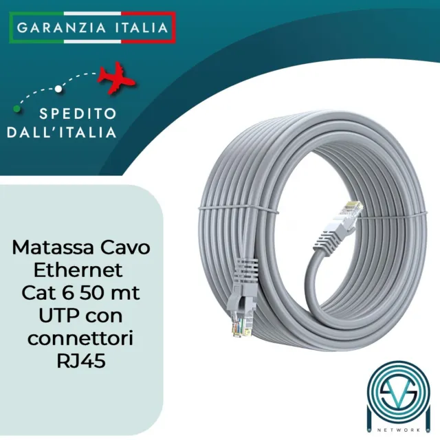 Matassa 50 Metri Patch Cord Cavo Ethernet UTP CAT6 CCA RJ45 AWG 24 Gigabit Plug