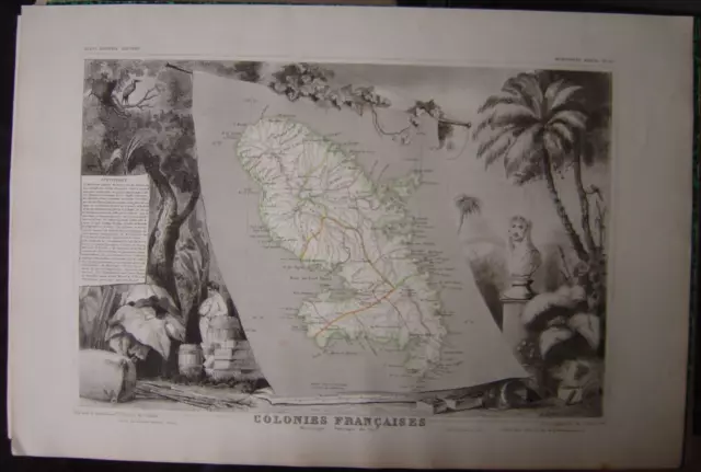 Grande Carte Levasseur de 1854 de l'île de la MARTINIQUE Fort-Royal 53 x 36 cm