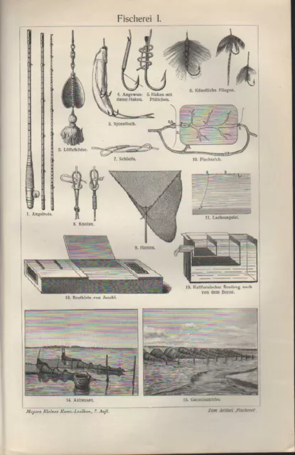 Lithografien 1907: Fischerei I/II. Fisch-Herings-Dampfer Angelfischerei Angeln