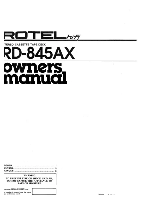 Bedienungsanleitung-Operating Instructions pour Rotel RD-845 Ax