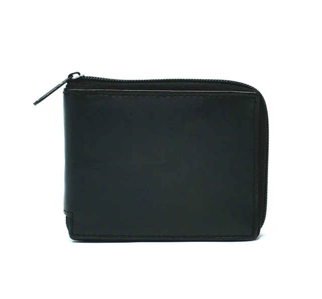 Men Black Genuine Leather Bifold Zipper Closure Wallet Credit Card Slots Holder