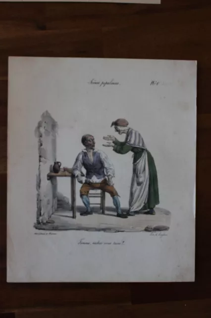 ✒ Lithographie couleur ca.1840 "Femme, sachez vous taire !" par Pigal Langlumé