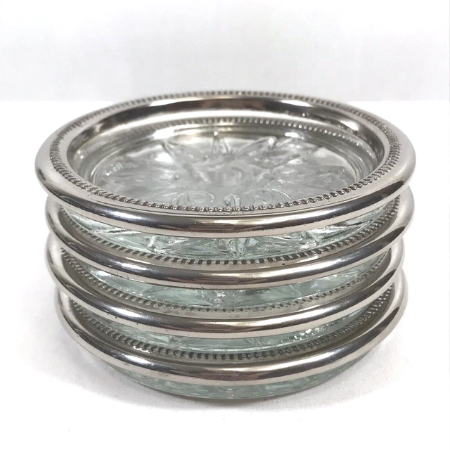 Italian Silver Plate Cocktail Coasters Glass Crystal Sunray Ashtray Vtg Set of 4