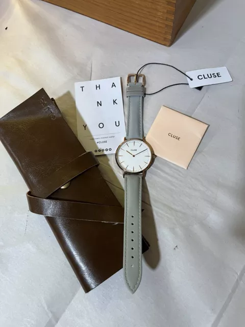 NWT Cluse La Boheme Gold Grey Women Watch Movt Leather Strap With Case