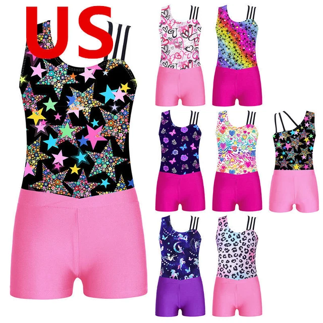 US Kid Girls Dancewear Gymnastics Leotards with Shorts Strappy Bodysuit Biketard