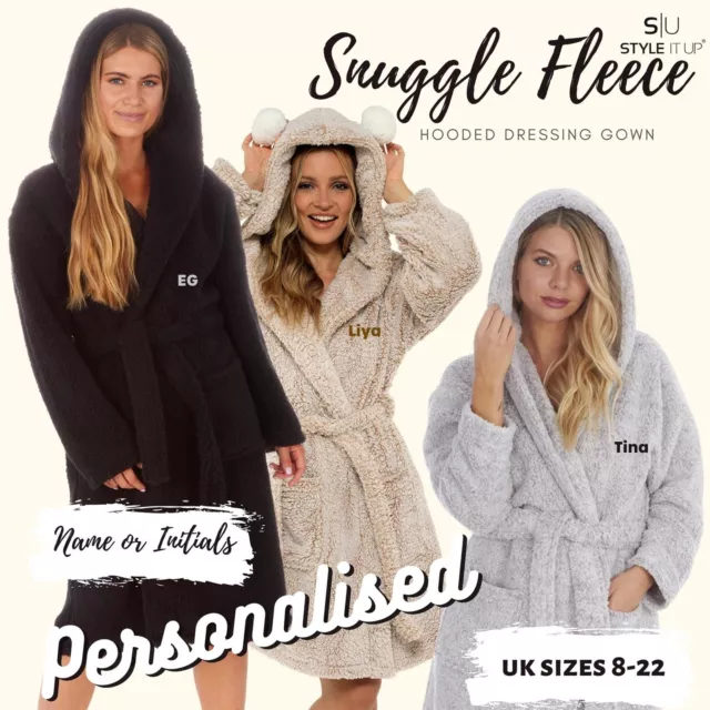 Personalised Ladies Sherpa Fleece Hooded Robe Soft Warm Luxury Dressing Gown UK