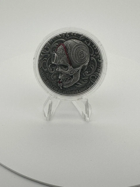 2018 Cameroon 1oz Silver Antiqued Carved Skull of St. Aloysius Gonzaga. 2