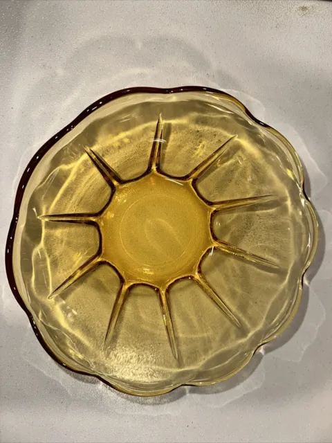 Anchor Hocking Vintage 1960s Paneled Amber Glass Bowl Scalloped Edge Yellow Gold