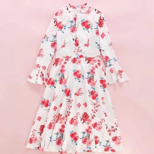 Splendido Maxi Abito Lungo Maxi Bianco e Rosa Manica Floreale Svagliato per Donna e Ragazza