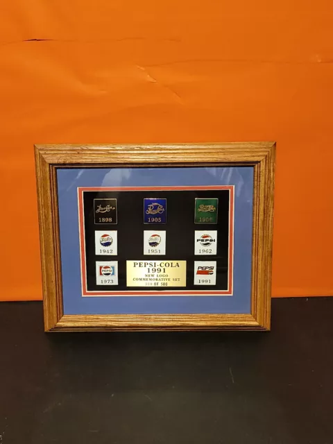 Rare Vintage Framed Pepsi-Cola 1991 New Logo Commemorative Pin Set 100/500